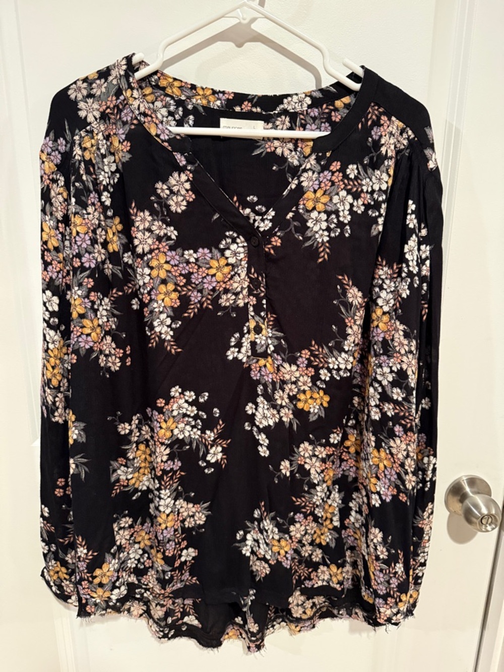 Maurices Black Floral Long-Sleeve Henley Blouse